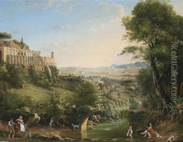 A Wooded River Landscape, With Peasants On A Shore, Classical Ruins And A Villa Beyond Oil Painting - Peter Birmann