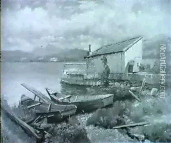 Fischerboote Und Hutte Am Seeufer Vor Bergpanorama Oil Painting - Oskar Leu