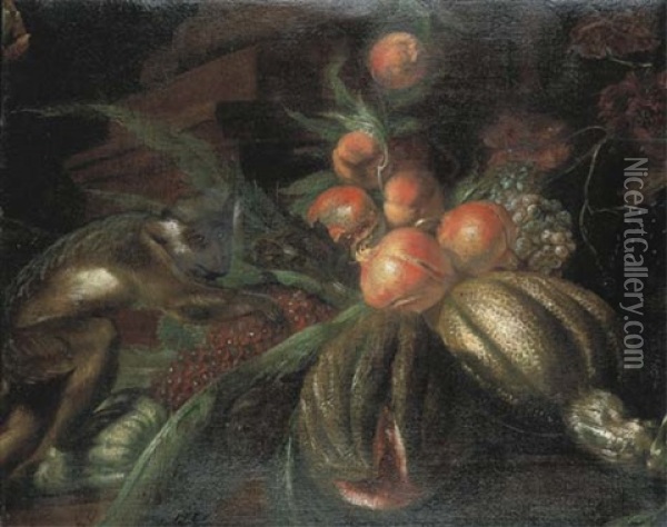 Nature Morte Au Singe Et Aux Fruits Oil Painting - Jacob (Rosa di Napoli) Roos