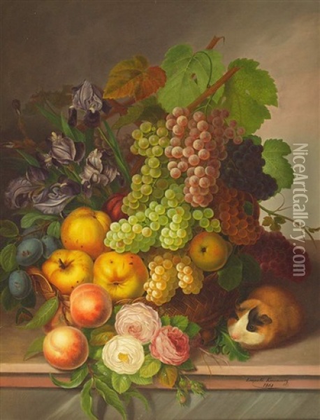 Stilleben Mit Blumen, Fruchten Und Meerschwein Oil Painting - Leopold Kuwasseg