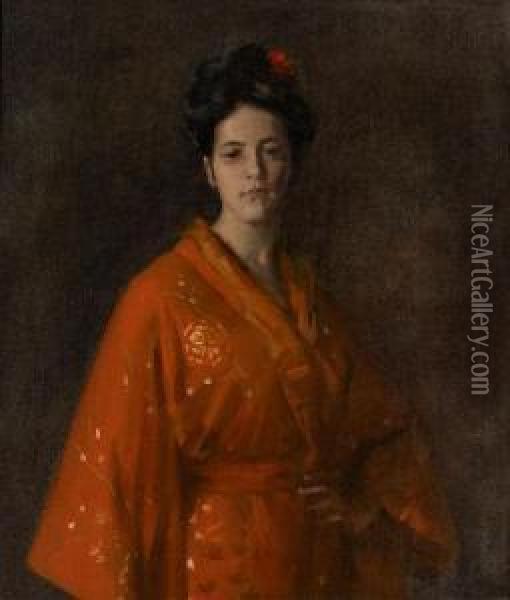 The Red Kimona (girl In Red) (the Artist's Daughter) Oil Painting - William Merritt Chase
