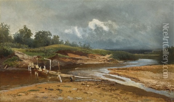 River Landscape With Cloudy Sky Oil Painting - Nikolai Egorovich Makovsky