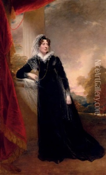 Portrait Of Mrs. Calverley Bewicke In A Black Dress, Her Right Arm On A Ledge, A Cameo Portrait In Her Hand, With A Landscape Beyond Oil Painting - Sir William Beechey