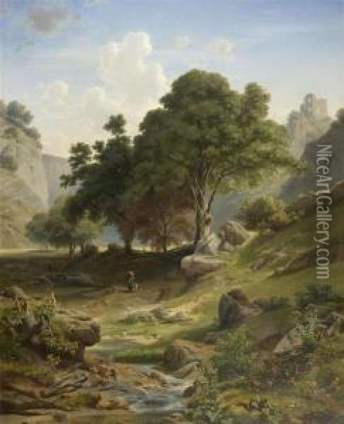 Mountain Landscape With A Ruin In The Background Oil Painting - Adalbert Waagen