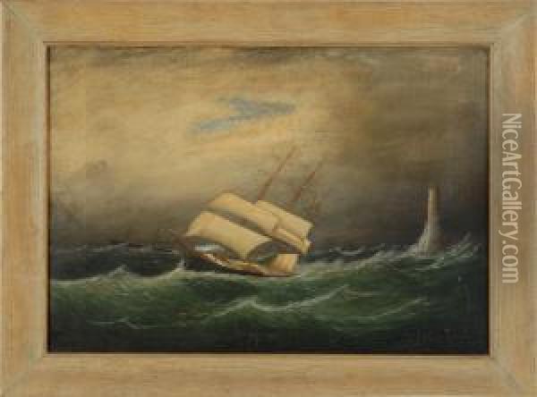 Three-masted Ship In Rough Seas Off Eddystone Light, With Steamship In Background. Oil Painting - Clement Drew