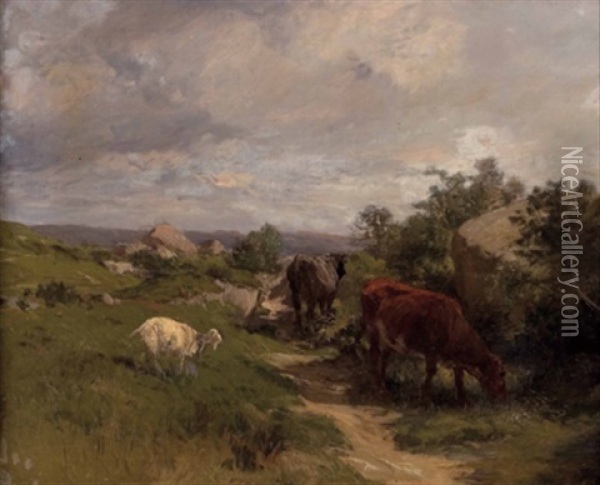 Ziege Und Weidende Kuhe - Bretagne Oil Painting - Clement (Charles-Henri) Quinton