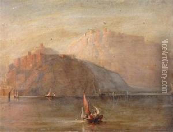 A Castle On A Hilltop With Lake And Many Small Boats Oil Painting - William Eddowes Turner
