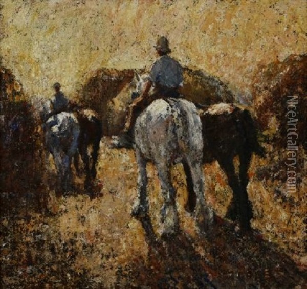 Riding And Leading Horses Oil Painting - Harry Fidler