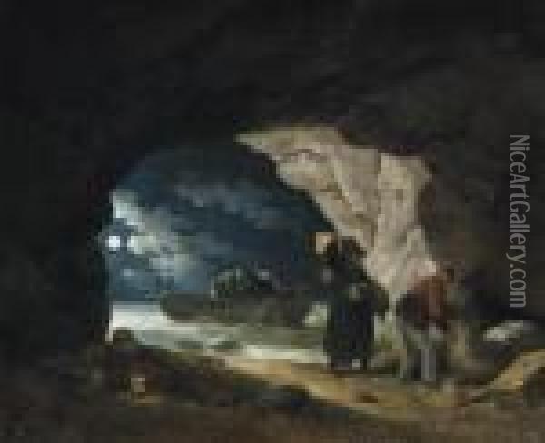 A Moonlit Coastal Inlet With Fishermen Unloading Their Boat Oil Painting - George Morland