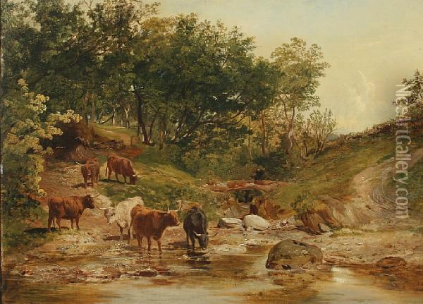 Cattle Watering By A Pool Oil Painting - Richard Beavis