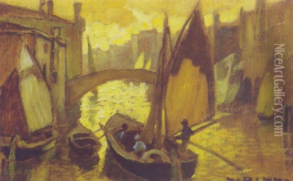 A Fishing Boat Entering A Town Canal Oil Painting - Ludwig Dill