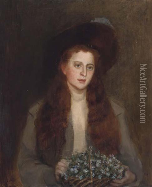 Portrait Of Phyllis Chisholm-batten, Half-length, Holding A Basketof Flowers Oil Painting - Georges Sheridan Knowles