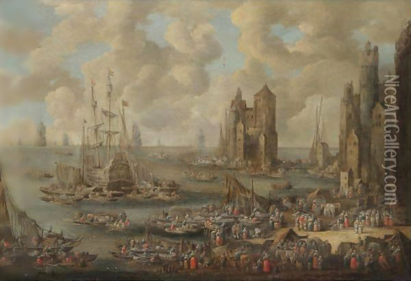 A Busy Harbour With Numerous Merchants And Fishermen Oil Painting - Pieter Casteels