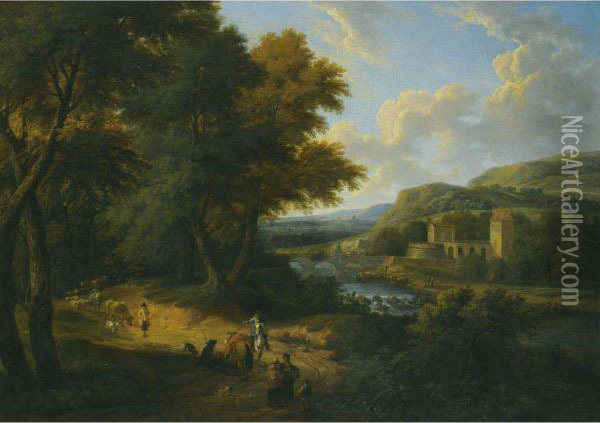 A River Landscape With Peasants In The Foreground Oil Painting - Adriaen Frans Boudewijns