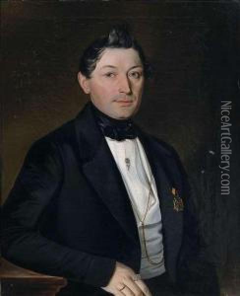 Portrait Of A Gentleman Wearing A Black Frock Coat In Three Quarter View To The Right. Oil Painting - Albert Theer