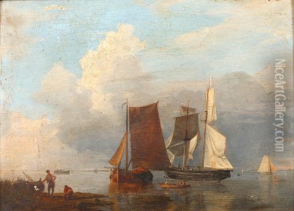 Dutch Beach Scene With Fishing Boats Andfishermen To The Foreground Oil Painting - Johannes Hermanus Koekkoek