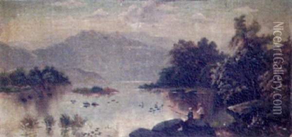 Highland Loch View, With Figures Fishing In The Foreground Oil Painting - Edgar Longstaffe
