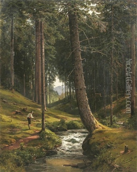 Lichtdurchflutetes Waldstuck Mit Angler An Einem Wildbach Oil Painting - Ernst Von Bernuth