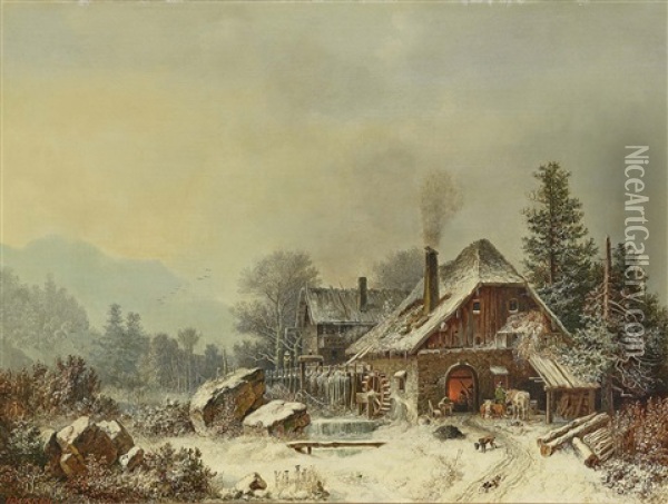 Forge In Winter Oil Painting - Heinrich Buerkel