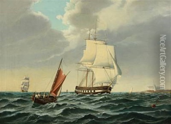 A Warship With Kronborg At The Port Side Oil Painting - Siegfried Hass