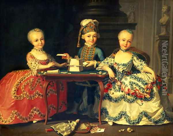 A boy and two girls building a house of cards with other games by the table Oil Painting - Francois-Hubert Drouais