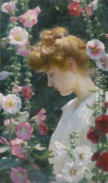 Hollyhocks And Sunlight Oil Painting - Charles Courtney Curran