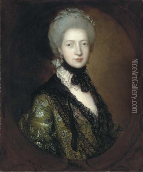 Portrait Of Lady Willielma Glenorchy In A Green Embroidered Dress And Black Lace Shawl Oil Painting - Thomas Gainsborough