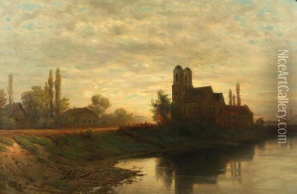 Sunset Over A Riverside Church With Figures Oil Painting - Lef Feliksovich Lagorio