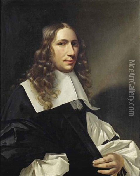Portrait Of A Gentleman, Half-length, In A Black Gown, With A White Chemise And White Collar Oil Painting - Christoffel Pierson