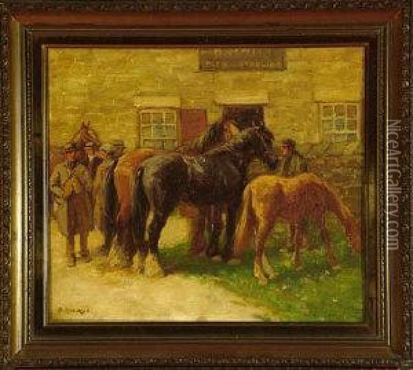 Horse Traders In The Yard Of A Yorkshire Inn Oil Painting - John Atkinson