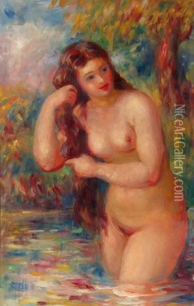 Bathing Female Nude Oil Painting - Pierre Auguste Renoir