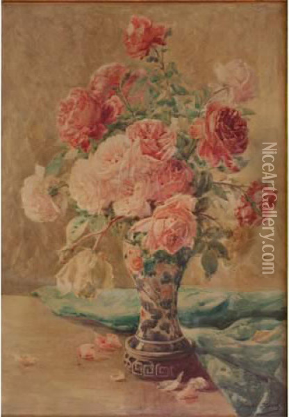 Vase De Roses Oil Painting - Henri Biva