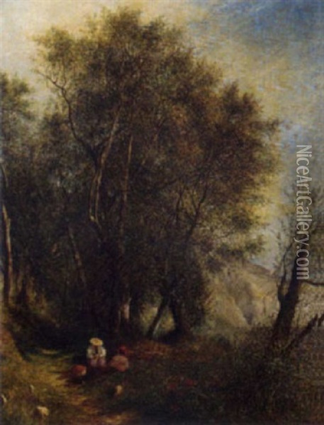 Figures Resting On A Wooded Track Oil Painting - Robert Fowler