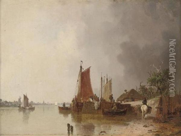 Unloading Cargo At The Quay Oil Painting - Ludwig Herrmann