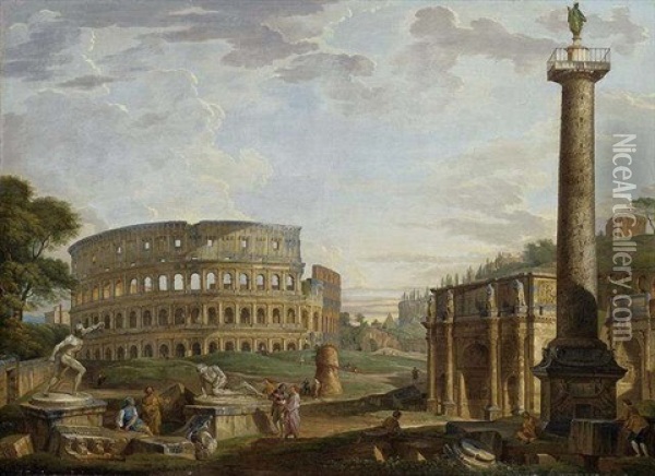 Capriccio View Of The Colisseum And Arch Of Constantine Near The Roman Forum, With The Statue Of The Dying Gaul And Trajan's Column Oil Painting - Giovanni Paolo Panini