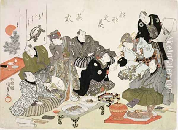 Painting and calligraphy party at the Manpachiro teahouse 2 Oil Painting - Utagawa Kunisada