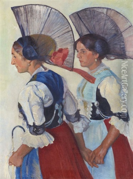 Zwei Appenzellerinnen In Bararmeltracht Oil Painting - Carl August Liner