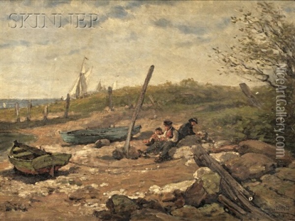Fishermen Resting On The Shore Oil Painting - Hugh Newell