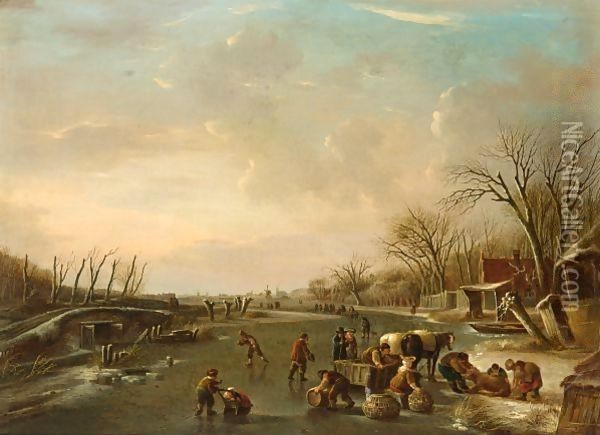 A Winter Scene With Skaters And A Horse-Drawn Sleigh With Poultry Sellers Oil Painting - Andries Vermeulen