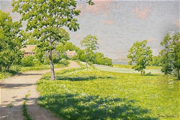 Sommarlandskap Med Stugor Oil Painting - Johan Fredrik Krouthen