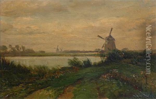 Windmills At Sunset Oil Painting - Hendrik D. Kruseman Van Elten