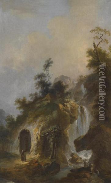 A Landscape With A Hermit's Shrine At The Bottom Of A Waterfall Oil Painting - Michael Wutky