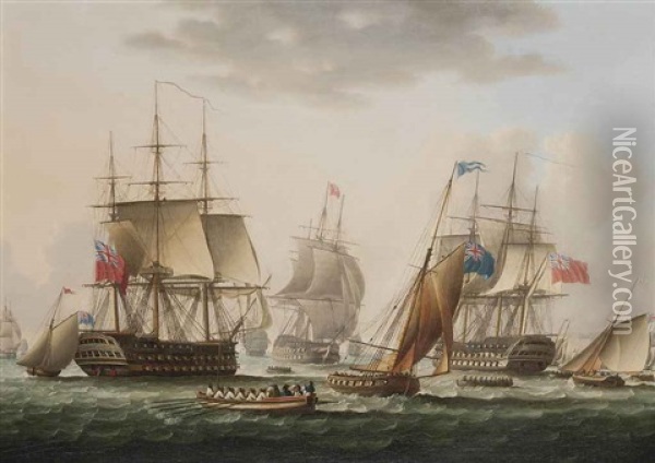 Napoleon Being Transferred From H.m.s. Bellerophon To H.m.s. Northumberland Off Plymouth, On 7th August 1815, For His Final Voyage To St. Helena Oil Painting - Thomas Buttersworth