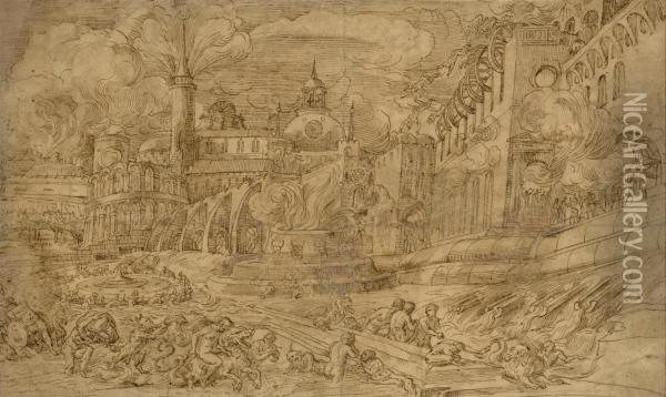 Scene De Deluge Dans Une Ville Fortifiee Oil Painting - Domenico Campagnola