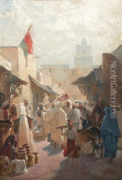 Rue Animee Dans La Medina De Tunis Lively Street In The Tunis Medina Oil Painting - Karl Max Tilke