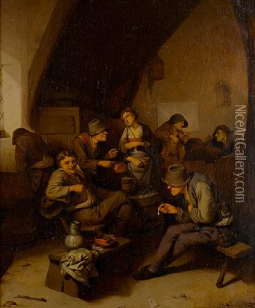 Topers Smoking And Drinking In A Tavern Interior Oil Painting - Cornelis Pietersz Bega