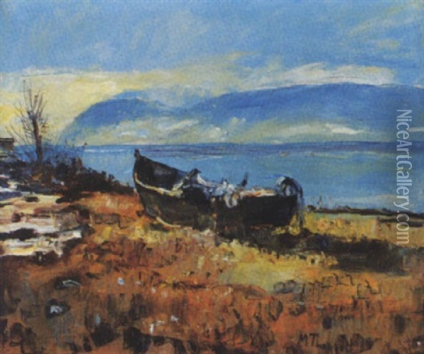 Seeufer Mit Aufgehender Sonne Und Ruderboot Oil Painting - Max Robert Theynet
