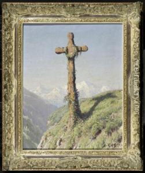 A Cross On A Path In Mountains Oil Painting - Albert H. Gos