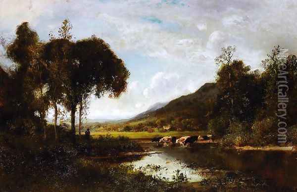 Cattle Watering at a Pond with a Shepherd Nearby Oil Painting - William Keith