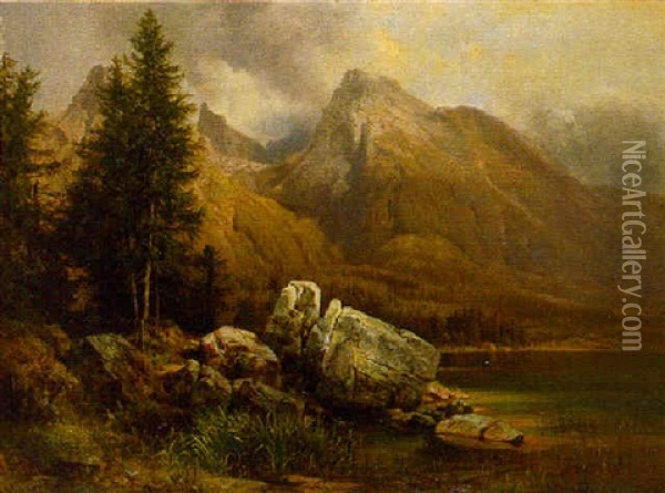 An Alpine Lake Landscape Oil Painting - Anton Hansch